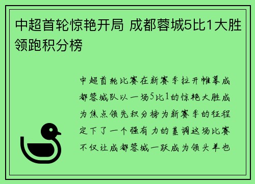 中超首轮惊艳开局 成都蓉城5比1大胜领跑积分榜