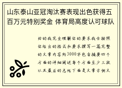 山东泰山亚冠淘汰赛表现出色获得五百万元特别奖金 体育局高度认可球队努力